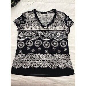 Studio Donatella Black White Geometric Ruffle V-Neck Short Sleeve Blouse M